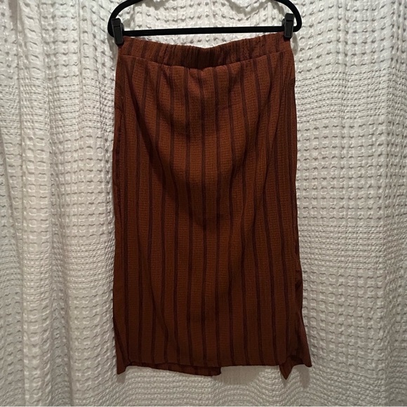 H&M Burnt Orange Clay Rust Mid Skirt w Brown Stripes Knot Ruching Slit Front - Picture 3 of 5